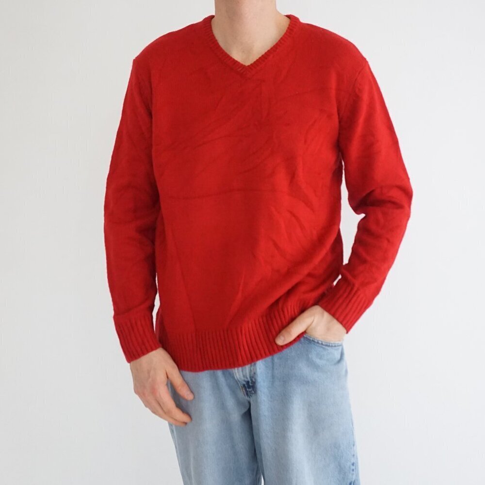 Vintage 90s The Slope Red Minimalist Preppy V Neck Classic Knit Sweater M